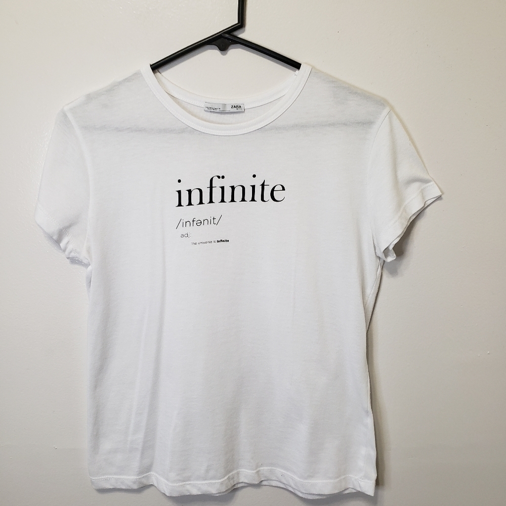 Zara Front Text Infinite Basic White Tee Small Si… - image 5